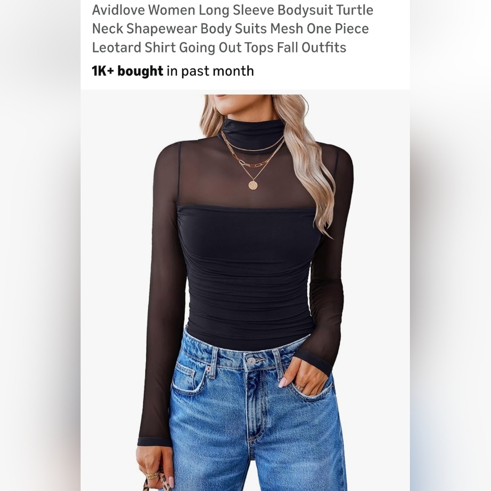 Black Mesh Long Sleeve Turtleneck Bodysuit - W-59